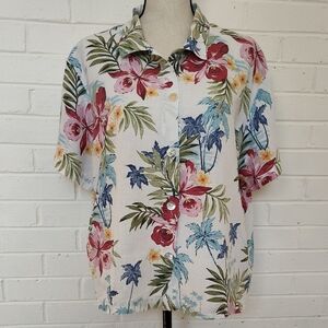 Floral Button-Up Women's Hawaiian Luau Pool Beach Party Orchid Print Top XL